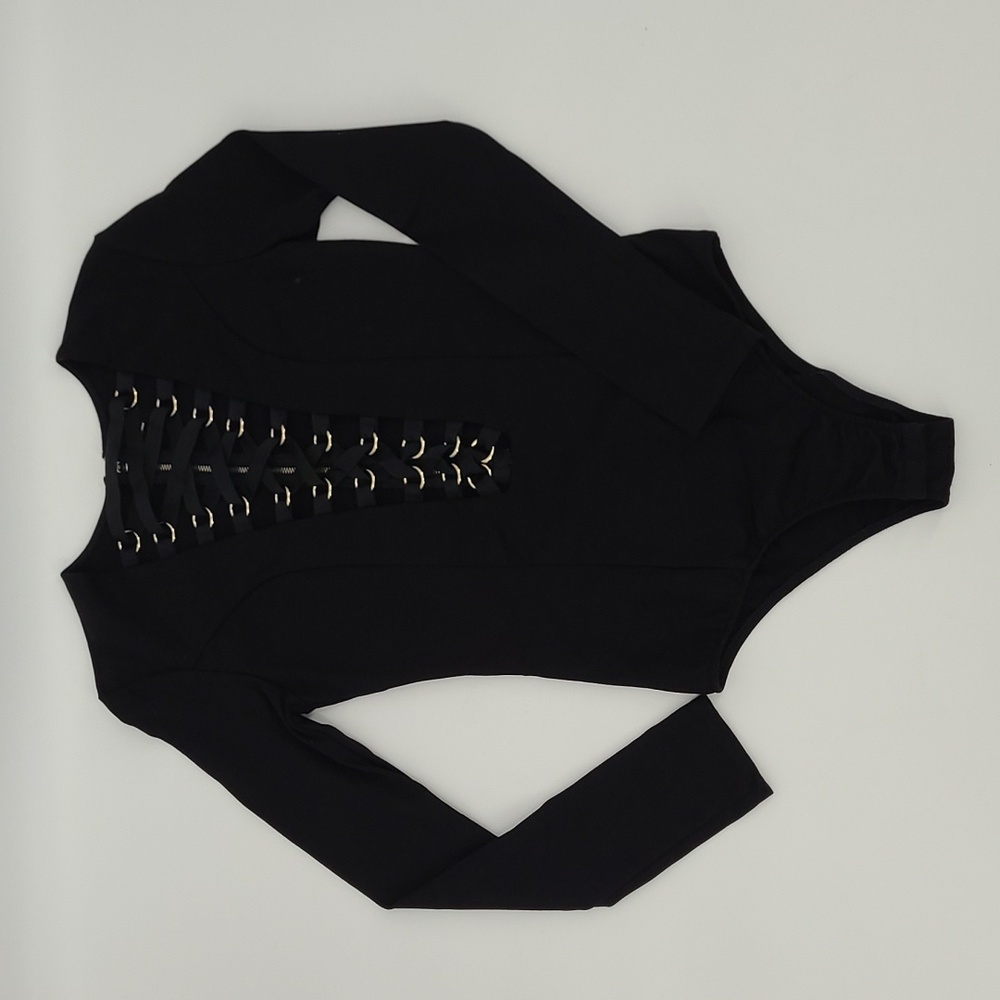 Sexy NUDE Black bodycon Plunging Neckline Crisscrossed lace up Bodysuit Womens S